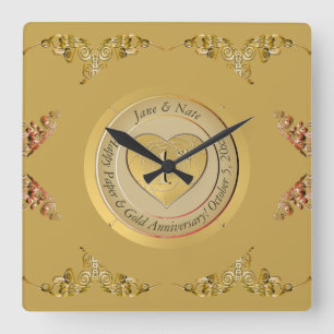 1st Gold Wedding Anniversary Square Wall Clock