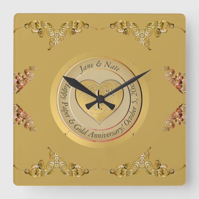 1st Gold Wedding Anniversary Square Wall Clock (Front)