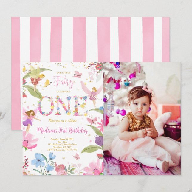 1st Golden Fairy Birthday Photo Invitation (Front/Back)