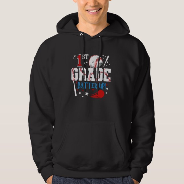 1st Grade Batter Up Back To School Baseball Player Hoodie (Front)