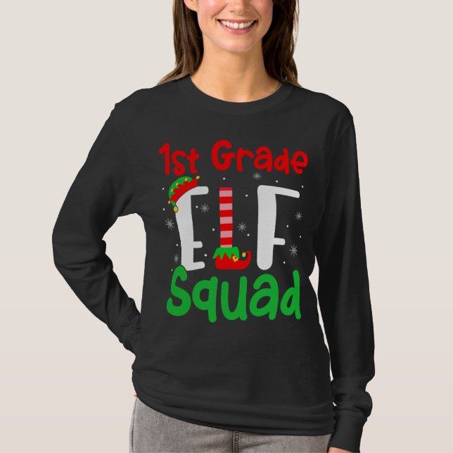1st Grade ELF Squad Funny Christmas ELF Kids Teach T-Shirt (Front)
