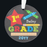 1st Grade First Grade Keepsake Chalkboard Colorful Ornament<br><div class="desc">This first grade ornament features a star, a ruler, a pencil, crayons and bold, colorful fun typography! Click the customize button for more options for modifying the text! Variations of this design, additional colors, as well as coordinating products are available in our shop, zazzle.com/store/doodlelulu. Contact us if you need this...</div>