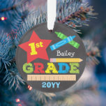 1st Grade First Grade Keepsake Chalkboard Colorful Ornament<br><div class="desc">This first grade ornament features a star, a ruler, a pencil, crayons and bold, colorful fun typography! Click the customize button for more options for modifying the text! Variations of this design, additional colors, as well as coordinating products are available in our shop, zazzle.com/store/doodlelulu. Contact us if you need this...</div>