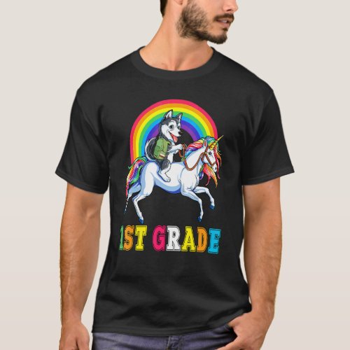 1st Grade Husky Riding Unicorn Rainbow For Boys Gi T_Shirt