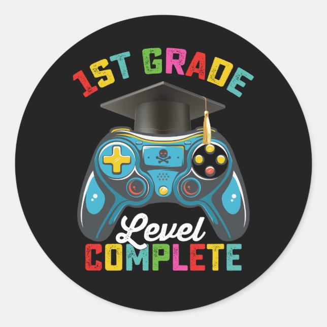 1st Grade Level Complete Graduation Gaming Gamer Classic Round Sticker (Front)
