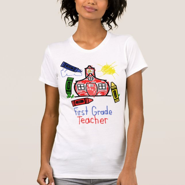 1st Grade Teacher T Shirt - Schoolhouse & Crayons (Front)