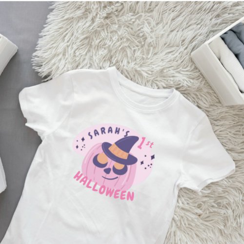 1st Halloween Cute Pink  Purple Pumpkin Hat Baby T_Shirt