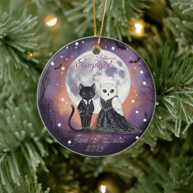1st Halloween Engaged Cat Owl with Name Ceramic Ornament (Tree)