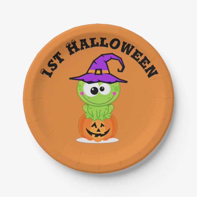 1st Halloween Little Witch Frog Paper Plates (Front)