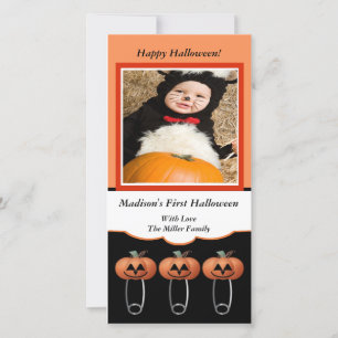 1st Halloween Pumpkin Diaper Pins Photo Card