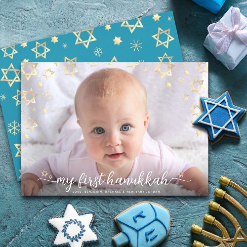 1st Hanukkah Baby Photo Script Gold Star of David Holiday Card