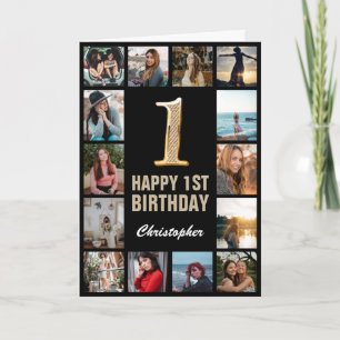1st Happy Birthday Black and Gold Photo Collage Card