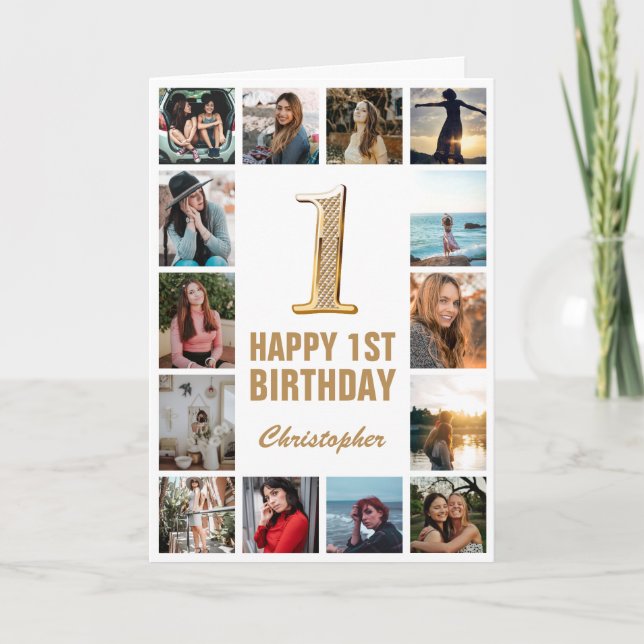 1st Happy Birthday Gold and White Photo Collage Card (Front)