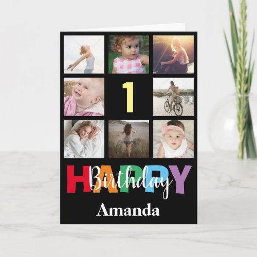 1st Happy Birthday Photo Collage Modern Black Card