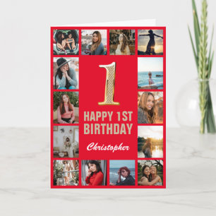 1st Happy Birthday Red and Gold Photo Collage Card