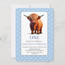 1st Highland Cow Blue Birthday Invitation