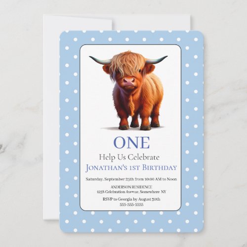 1st Highland Cow Blue Birthday Invitation 