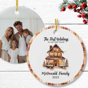 1st Holidays New House Orange Brown Gingham Boho Ceramic Ornament