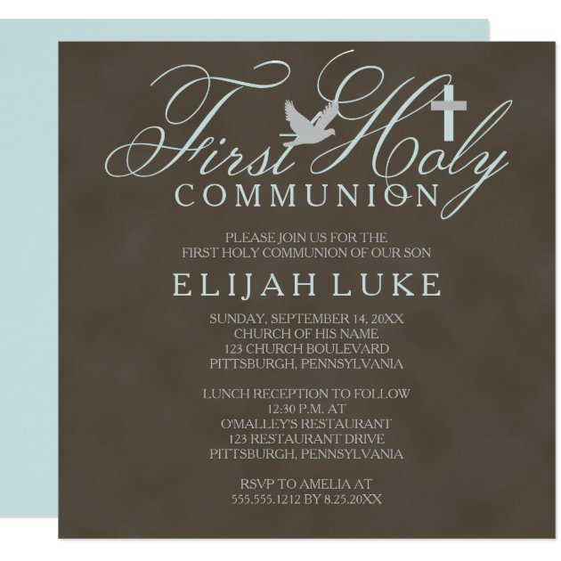 1st Holy Communion Boy Dove Cross Brown Distressed Invitation
