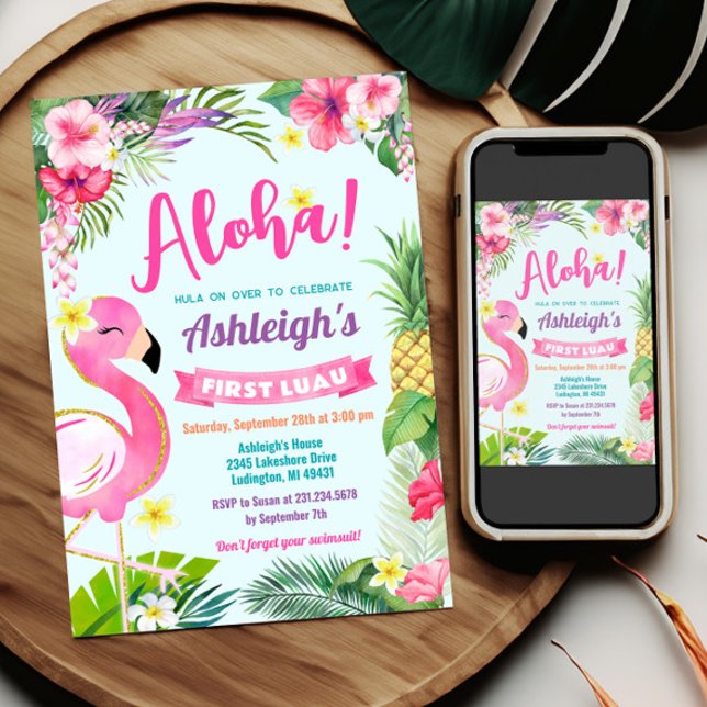 1st Luau Birthday Tropical Summer Invitation (1st Luau Birthday Invitation Template - Luau First Birthday - Tropical Birthday Theme)