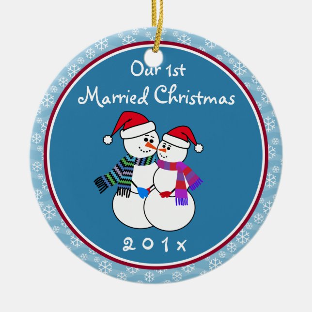 1st Married Christmas Fun Snow Couple Christmas Ceramic Ornament (Front)