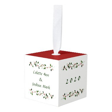 1st Married Christmas Holly Red and Green Holiday Cube Ornament
