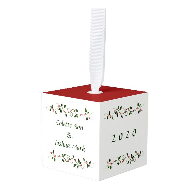 1st Married Christmas Holly Red and Green Holiday Cube Ornament (Front Angled)