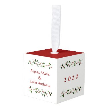 1st Married Christmas Holly Red Green Vine Holiday Cube Ornament