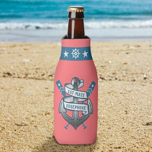 1st Mate Anchor Nautical Oars Coral Pink  Custom Bottle Cooler