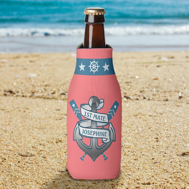 1st Mate Anchor Nautical Oars Coral Pink | Custom Bottle Cooler (Creator Uploaded)