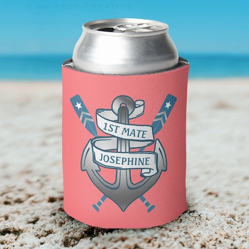 1st Mate Anchor Nautical Oars Coral Pink  Custom Can Cooler