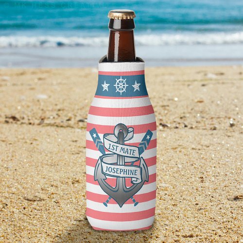 1st Mate Anchor Nautical Oars Stripes Personalized Bottle Cooler