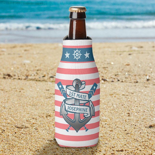 1st Mate Anchor Nautical Oars Stripes Personalized Bottle Cooler (Creator Uploaded)