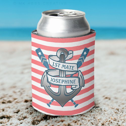 1st Mate Anchor Nautical Oars Stripes Personalized Can Cooler