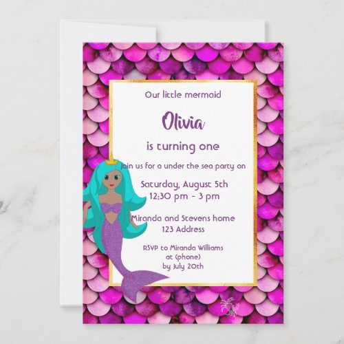 1st Mermaid Birthday party invitation pink purple