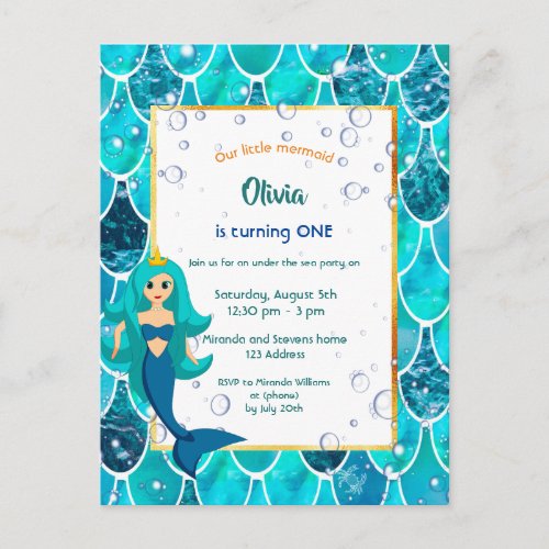 1st Mermaid Birthday party invitation turquoise Postcard