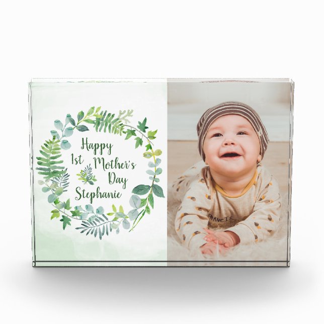 1st Mother's Day Greenery Wreath Personalized Photo Block (Front)