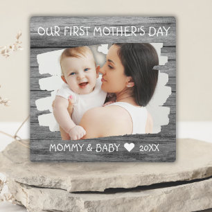 1st Mothers Day Mom Baby Photo Keepsake Gray Wood Plaque