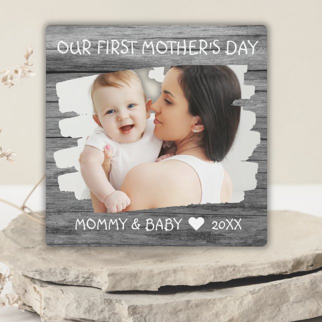1st Mothers Day Mom Baby Photo Keepsake Gray Wood Plaque (Creator Uploaded)