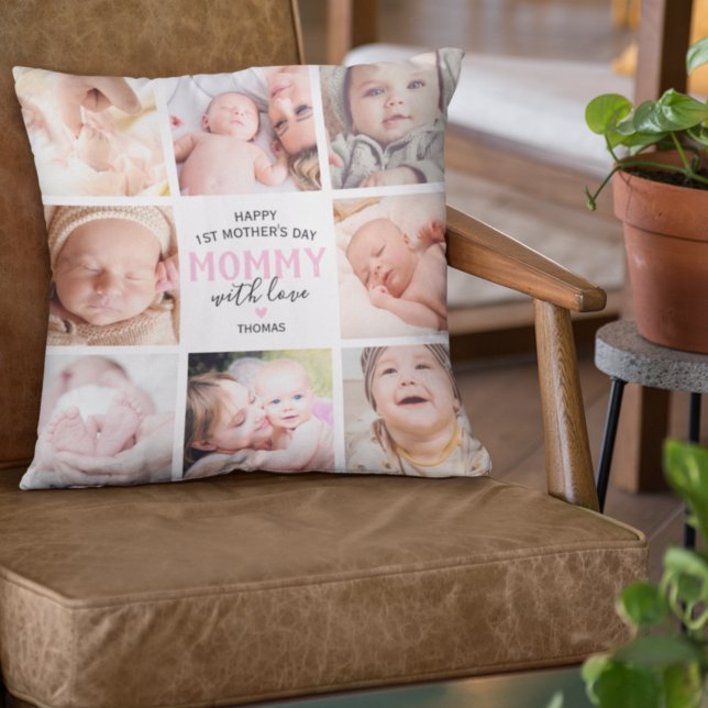 1st Mother's Day Photo Collage Keepsake Throw Pillow (Creator Uploaded)