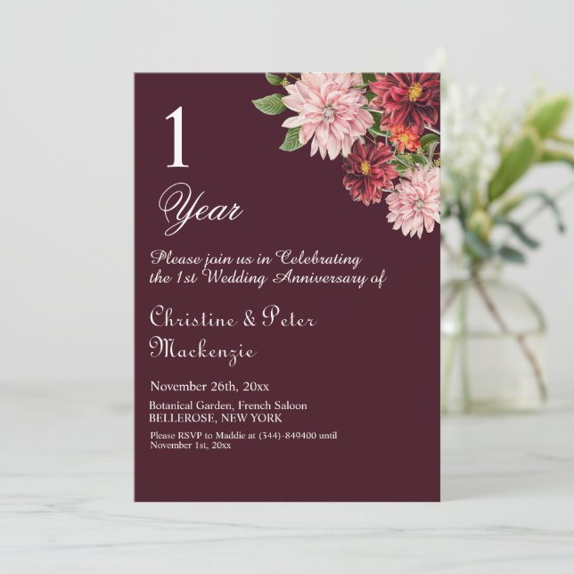 1st Paper Wedding Anniversary Burgundy Floral Invitation (Standing Front)