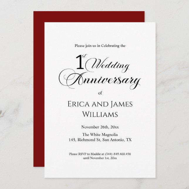 1st Paper Wedding Anniversary Elegant Script Invitation (Front/Back)