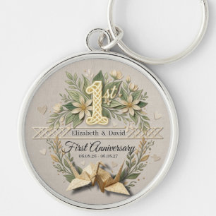 1st Paper Wedding Anniversary Floral Cranes Couple Keychain