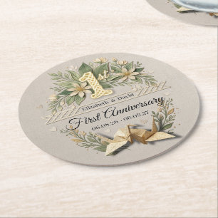 1st Paper Wedding Anniversary Floral Cranes Couple Round Paper Coaster