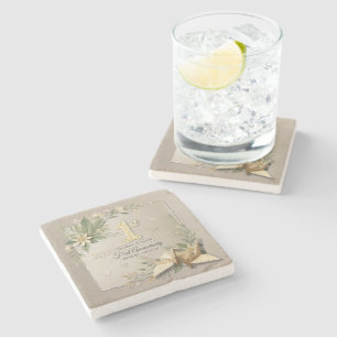 1st Paper Wedding Anniversary Floral Cranes Couple Stone Coaster