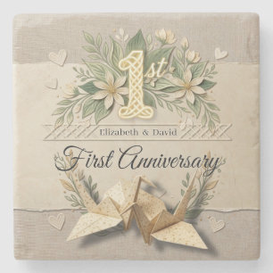 1st Paper Wedding Anniversary Floral Cranes Couple Stone Coaster
