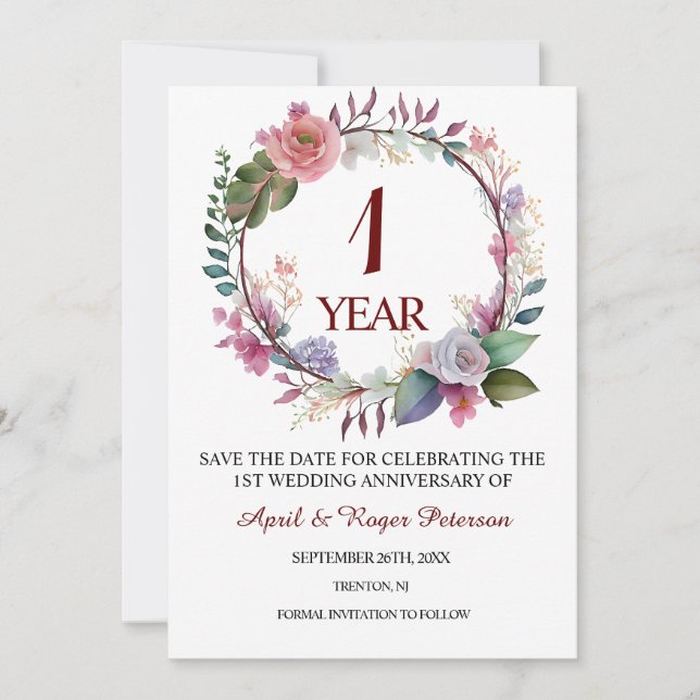 1st Paper Wedding Anniversary Floral Save The Date (Front)