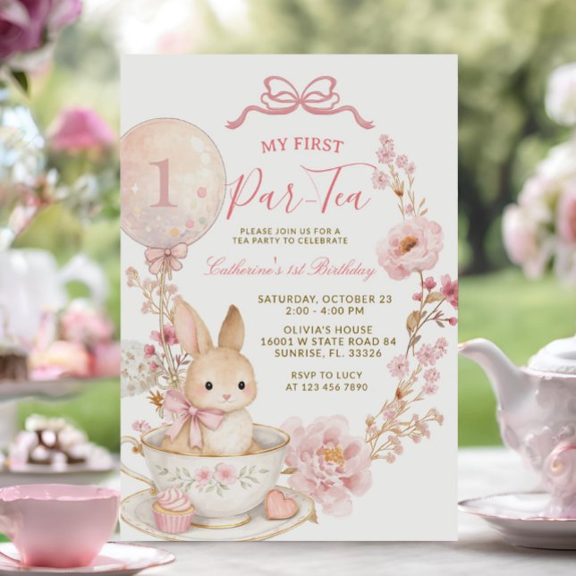 1st Par-Tea Bunny First Birthday Party Girl  Invitation (Creator Uploaded)