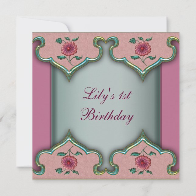 1st Pink Teal Fancy Flower Birthday Invitation 1 (Front)