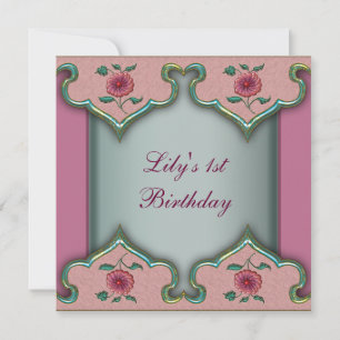 1st Pink Teal Fancy Flower Birthday Invitation 1